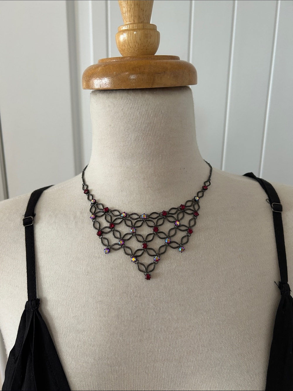 Gunmetal Lace Choker Necklace with Red and Iridescent Stones